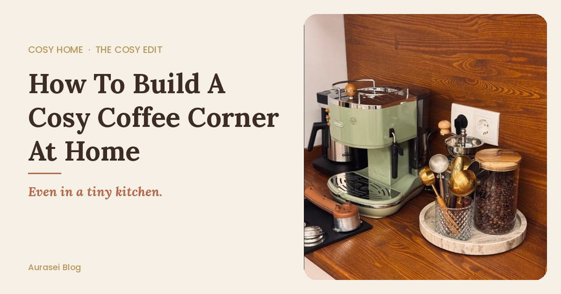 Cosy home coffee corner with a sage green espresso machine, coffee beans and gold scoops on a wooden counter