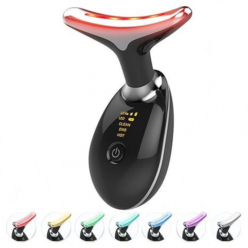 Black neck and face massager with red LED light and the seven light colour options