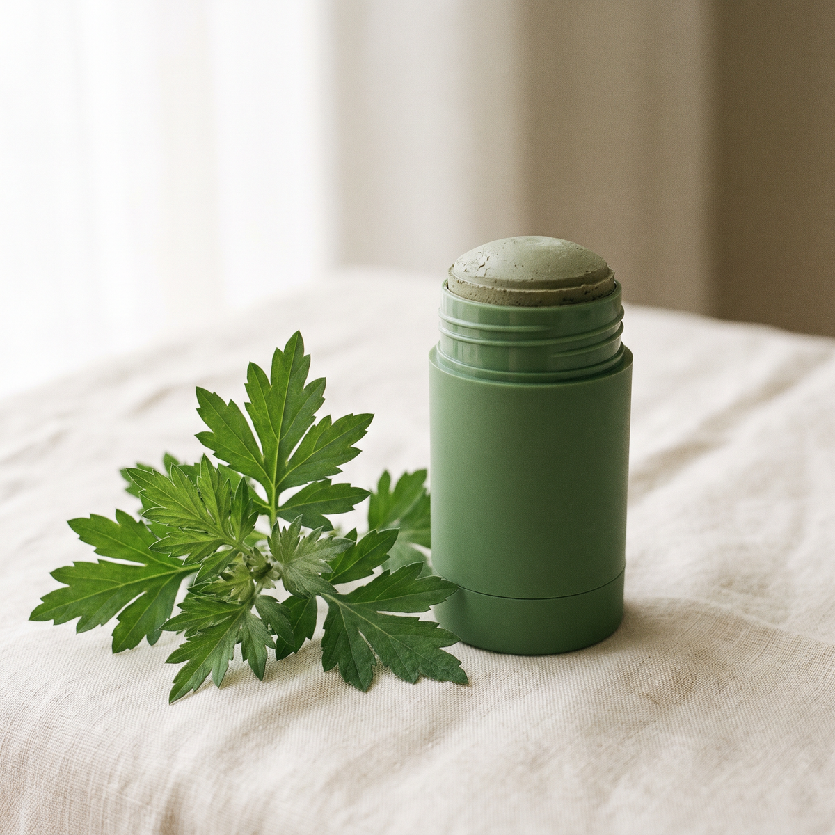 Green twist-up mugwort cleansing mud mask stick beside fresh mugwort leaves on a cream linen cloth (illustration)