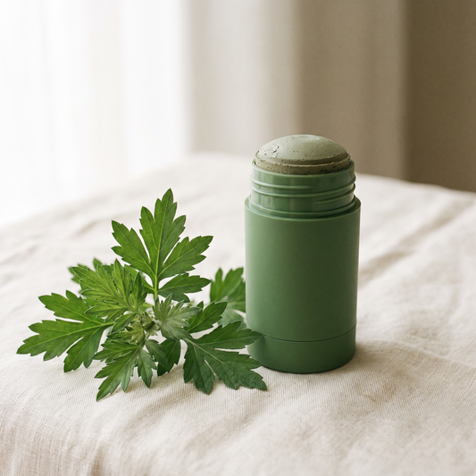Green twist-up mugwort cleansing mud mask stick beside fresh mugwort leaves on a cream linen cloth (illustration)
