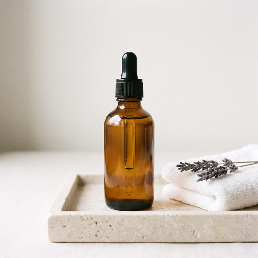Amber glass dropper bottle of gentle oil on a stone tray beside a white towel and dried lavender (illustration)